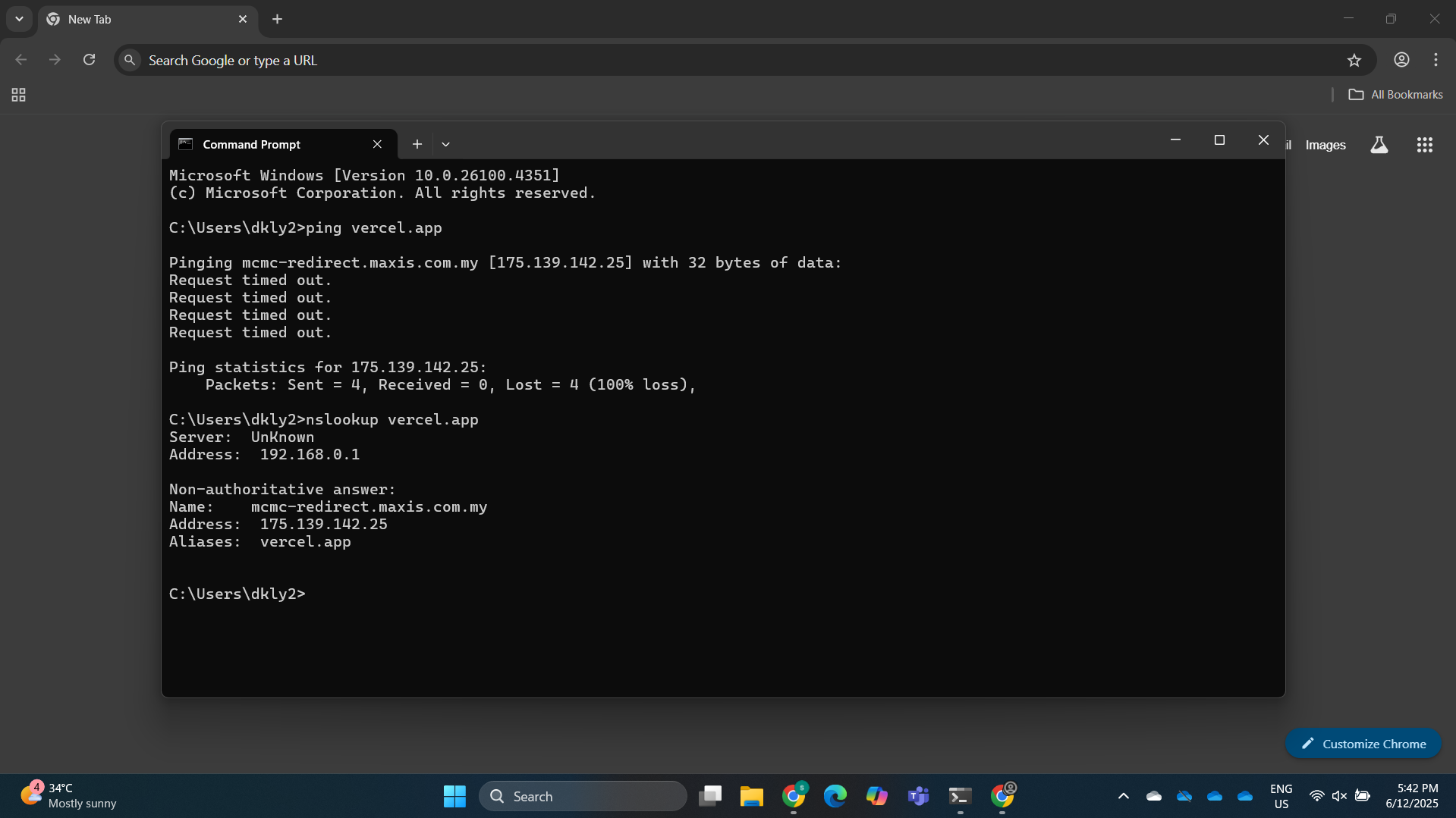 ping and nslookup results to a .vercel.app domain